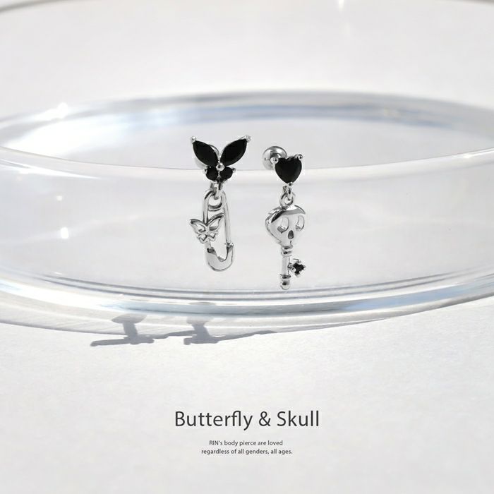 16G 軟骨ピアス 蝶 ドクロ 安全ピン 鍵 ハート ジュエル かわいい 個性