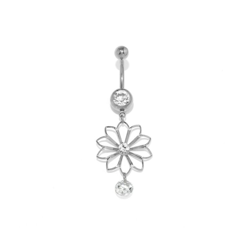 一粒ジュエルお花チャームへそピアス・シルバー