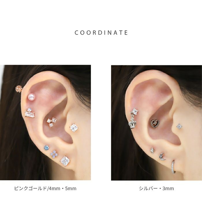 軟骨ピアス スクエア ストーン ジュエル CZ シルバー ゴールド ピンク  ストレートバーベル ボディピアス