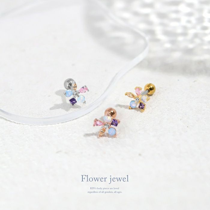 軟骨ピアス お花 ジュエル フラワー ビジュー きらきら カラフル かわいいストレートバーベル ボディピアス