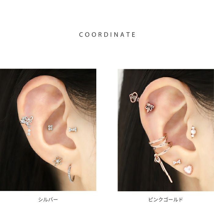 軟骨ピアス リボン 小さめ きらきら ジュエル キュービックジルコニア ストレートバーベル ボディピアス