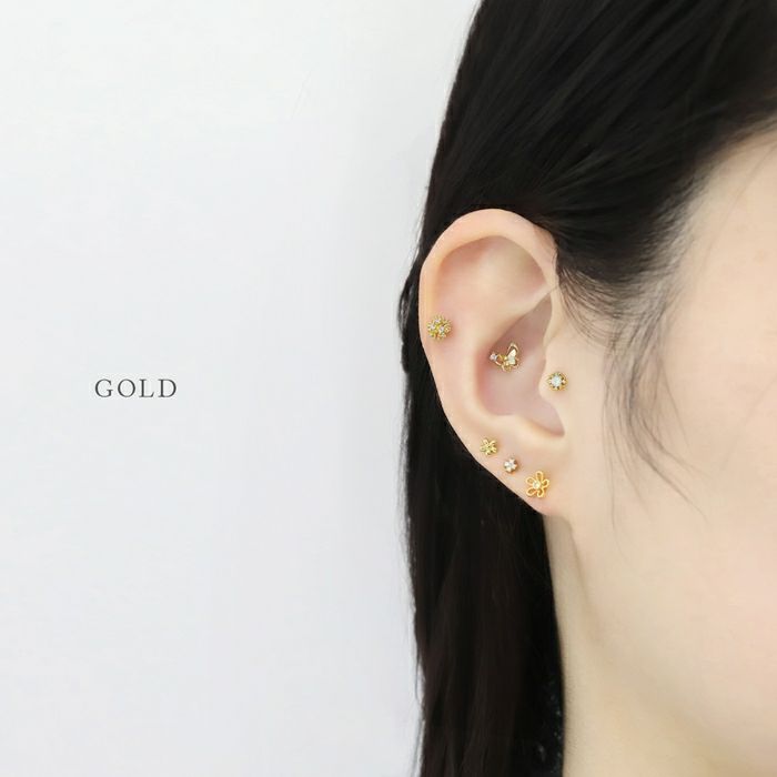 16G 軟骨ピアス プチ ジュエル フラワー オーロラカラー キュービック